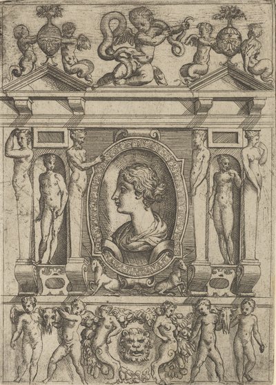 Byst av en kvinna i profil vänd åt vänster, inställd i en genomarbetad ram med figurer i n..., ca. 1540-80. av Battista del Moro
