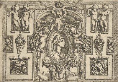Byst av en kvinna i profil vänd åt höger, inställd i en utarbetad ram med putti, ..., ca. 1540-80. av Battista del Moro