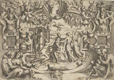 Fyra kvinnor som omger en sittande figur, en fågel ovanför dem, placerade i en utarbetad ..., ca. 1540-80. av Battista del Moro