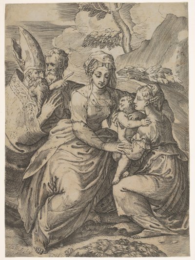 Madonna och barn med heliga efter Parmigianino. av Battista del Moro