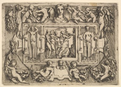 Den kumeiska sibyllan går till höger och bär en bricka, följt av tre kvinnor..., ca. 1540-80. av Battista del Moro