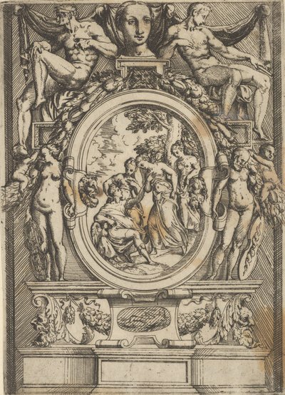 The Judgement of Paris, man som sitter till vänster sträcker sig mot en kvinna som flankeras av ..., ca. 1540-80. av Battista del Moro