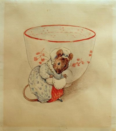 Frau Maus smyger sig framför en tekopp av Beatrix Potter