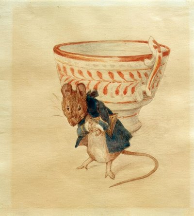 Mr. Mouse bugar sig inför en tekopp av Beatrix Potter