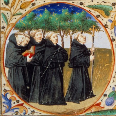 Scen av klosterliv. Detalj som föreställer munkar av Augustinerorden. Miniatyr hämtad från "" Timbok enligt bruken av Paris"" upplyst av Mästarens verkstad i Bedford. 1450. Paris, B.N. av Bedford Master Workshop