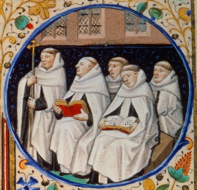 Scen av klosterliv. Detalj som representerar munkar av Carmenorden. Miniatyr hämtad från "" Timbok enligt bruken av Paris"" upplyst av Mästarens verkstad i Bedford. 1450. Paris, B.N. av Bedford Master Workshop