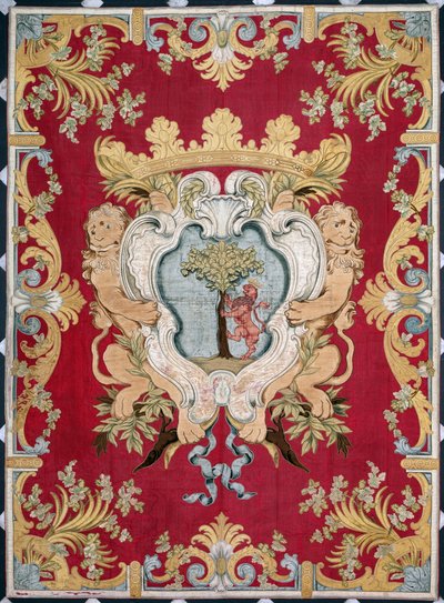 Adelns blasonering med ett lejon och ett träd. Gobeläng över manufakturerna i Bryssel. 1500-talet Genes, Musei di Strada Nuova av Belgian School