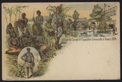 Kongolesisk by utställd på Exposition Internationale d"Anvers, Antwerpen, Belgien, 1894 av Belgian School