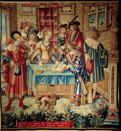 Gardin som illustrerar de fria konsterna: Aritmetik. Gobeläng av ull och siden tillverkad omkring 1520 i Tournai. Sön 3,1x2,9 m Paris, medeltidens nationalmuseum, Thermes de Cluny av Belgian School