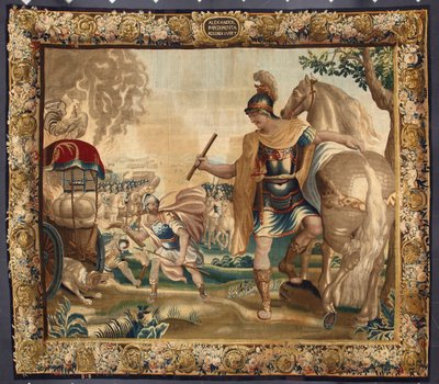 Kung Alexander den store (356-323 f.Kr.) brände allt onödigt bagage innan sin resa till Indien. Gobeläng tillverkad av tillverkarna i Bryssel. 1500-talsgener, Musei di Strada Nuova av Belgian School