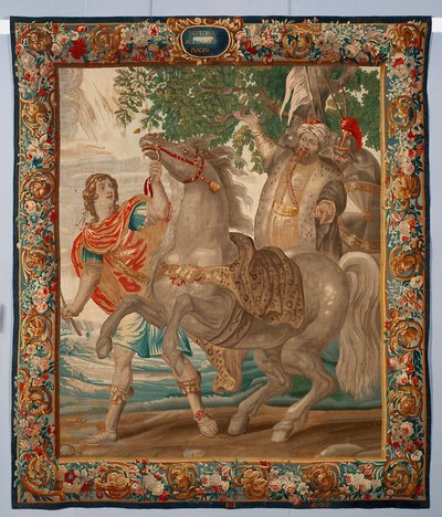 Kung Alexander den store tämjer hästen Bucephale. Gobeläng tillverkad i manufakturerna i Bryssel. 1500-talet Genes, Musei di Strada Nuova av Belgian School