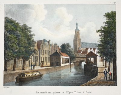 Fiskmarknaden och Johanneskyrkan i Gouda, ca 1895 (fotokrom) av Belgian School