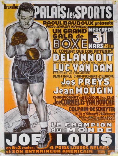 Affisch som annonserar boxningsmatchen mellan den belgiske mästaren Delannoit och den holländska mästaren Luc Van Dam av Belgian School
