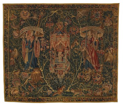 Gobeläng, Sibylla Libyen och Europa (en av en uppsättning om sex sibyllor, omfattande 46.134 till 46.139) kallade "Rothamstedtapeterna", tillverkade i Flandern, Tournai eller Bryssel, Belgien, ca 1530 (ull) av Belgian School