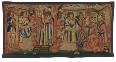 Gobeläng, två scener ur St Lawrences liv, möjligen gjorda i Tournai, Belgien eller Nedre Rheinland, Frankrike eller Tyskland av Belgian School