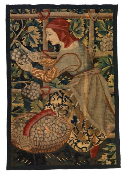 Gobelängfragment föreställande Vintager, möjligen från Tournai av Belgian School