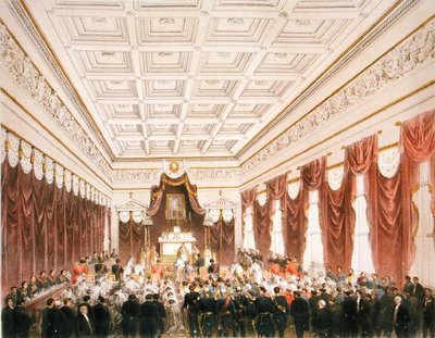 Giftermålet mellan Maximilian av Hapsburg-Lorraine (1832-67) ärkehertig av Österrike och Charlotte Saxe-Cobourg-Gotha (1840-1927) prinsessan av Belgien, på Chateau de Bruxelles den 21 juli 1857 (färg litho) av Belgian School