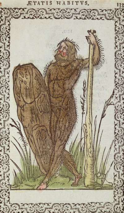 The Wild Man, illustration från The Habits and Portraits of Nearly All Nations and Contemporary Nations av Jean Sluperji, Antwerpen, 1572 (träsnitt i färg) av Belgian School