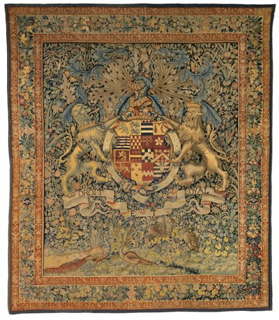 Verdure gobeläng med armarna av Robert Dudley, Earl of Leicester (en i ett par med 47,1), tillverkad i Flandern, Belgien, cirka 1570-85 (ull och siden) av Belgian School