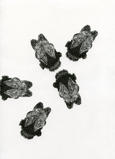 Humlors möte, 2013 (trägravyr på papper) av Bella Larsson