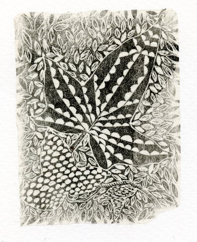 Ivy, 2014, (trägravyr på papper) av Bella Larsson