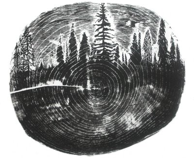 Two Woods, 2016 (trägravyr på papper) av Bella Larsson