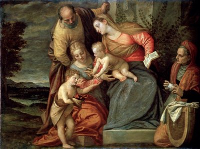 Den heliga familjen med de heliga Catherine, Anne och Johannes döparen, c1580-c1582 av Benedetto Caliari