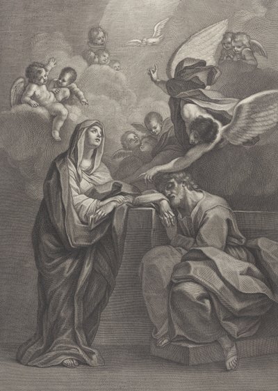 Plåt 6: Sankt Josefs dröm, med Jungfru Maria till vänster och en ängel ovanför som pekar ..., 1777 av Benedetto Eredi
