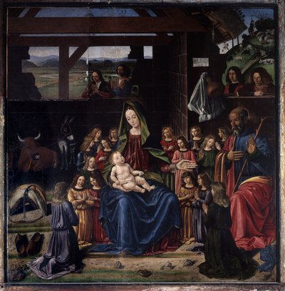 Nativiteten. Målning av Benedetto Ghirlandaio (1458-1497). Olja på trä. Mått: 147x144cm. Kyrkan i Aigueperse av Benedetto Ghirlandaio