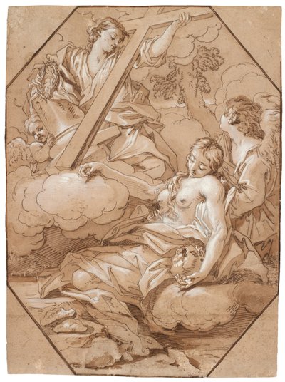 The Ecstasy of Saint Mary Magdalene, c.1715-19 (penna och bläck med brun tvätt, förhöjd med vit, med åttakantiga inramningslinjer av brunt bläck på lagt papper) av Benedetto Luti