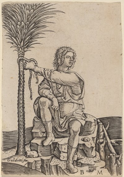 Man som sitter vid en palm av Benedetto Montagna