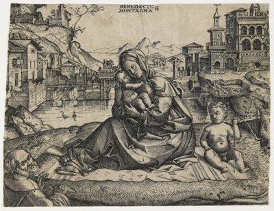 Den heliga familjen med spädbarnet Saint John i ett landskap, ca. 1506-1512 av Benedetto Montagna