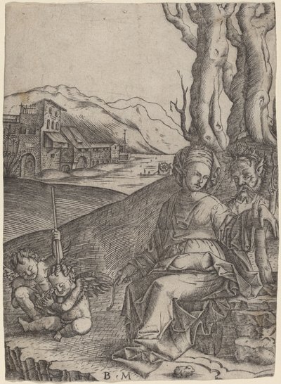 Kvinna och Satyr med två amoriner av Benedetto Montagna