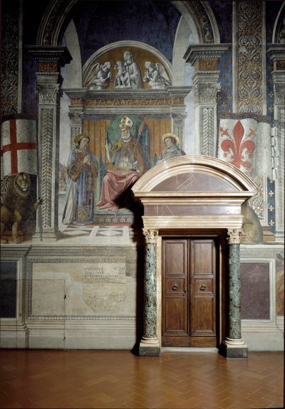 Saint Zanobius, Saint Lawrence och Saint Stephen (Hall of Lilies) (fresk av Benedetto da Maiano