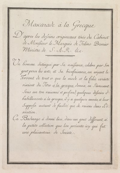 Grekisk maskerad: Titelbladsskylt 1, 1771. av Benigno Bossi