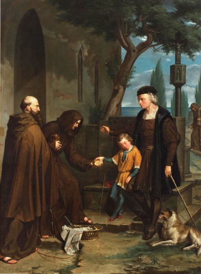 Columbus vid dörrarna till klostret Santa Maria de la Rabida ber om bröd och vatten till sin son, 1858 av Benito Mercade y Fabregas