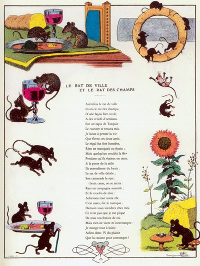 Stadsmusen och landsmusen, illustration från "Fables" av Jean de la Fontaine av Benjamin (after) Rabier