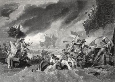 Slaget vid La Hogue, graverad av W. French (litho) av Benjamin (after) West