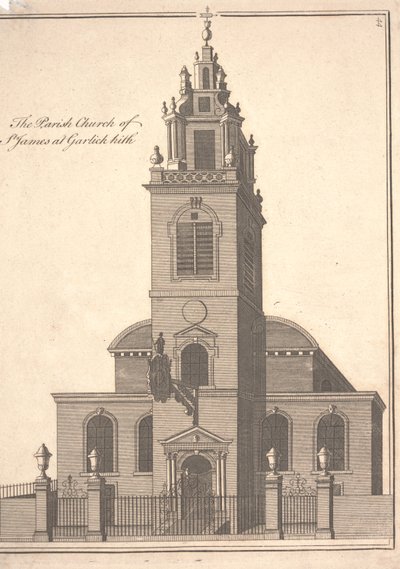 St. James Garlickhythe församlingskyrka, ca 1750 (gravyr) av Benjamin Cole