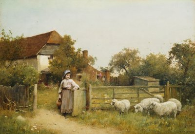 Ung flicka med får, vid en stuga av Benjamin D. Sigmund