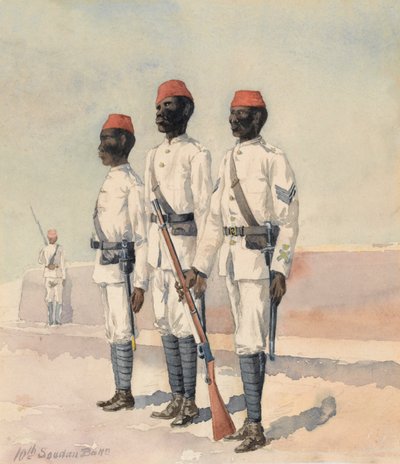 Sergeant och två andra ranger från den 10:e sudanesiska bataljonen, ca 1889 (akvarell) av Benjamin Donisthorpe Alsop Donne