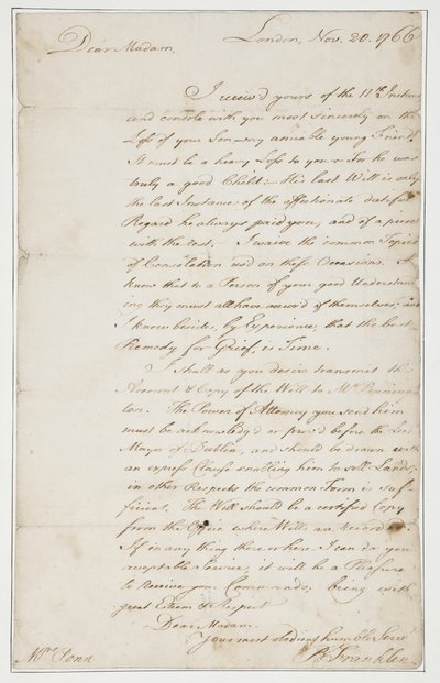 Autografbrev till Mrs Ann Penn, London, 20 november 1766 (penna och bläck på papper) av Benjamin Franklin