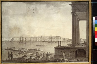 Utsikt över vinterpalatset och börsen i Sankt Petersburg. Verk av Benjamin Paterssen (1748-1815), penna och bläck på papper, ca 1790. Svensk konst av Benjamin Patersson