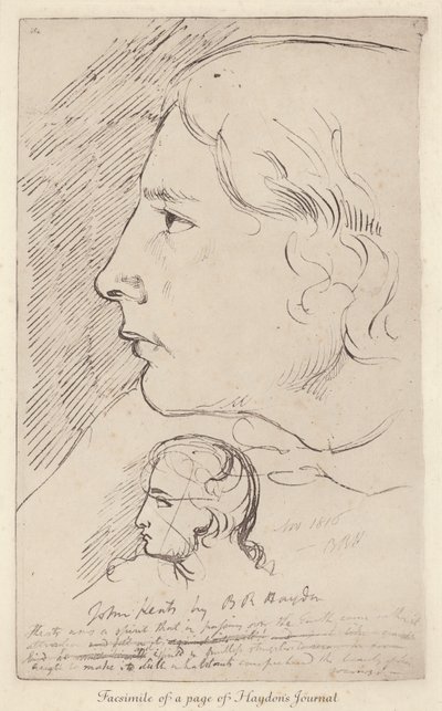 Skiss av den engelske poeten John Keats från den engelska konstnären Benjamin Haydons journal (litho) av Benjamin Robert (after) Haydon