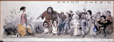 Le grand chemin de la postity: representation av tragedi och komedi - Litografi av Benjamin Roubaud, Maison de Balzac, Paris av Benjamin Roubaud