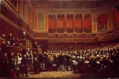 Louis Adolphe Thiers (1797-1877) utropade territoriets befriare"" vid nationalförsamlingens session i Versailles den 16 juni av Benjamin Ulmann