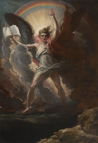 En mäktig ängel står på land och på havet av Benjamin West