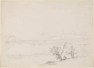 Ett alpint landskap med ett par som sitter vid träd med utsikt över en dal av Benjamin West