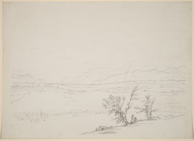 Ett alplandskap med ett par sittande vid träd med utsikt över en dal av Benjamin West