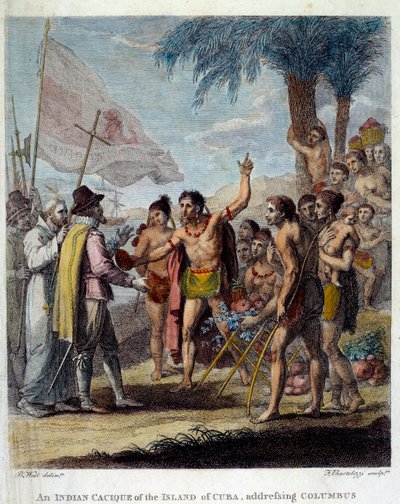 En indisk Cacique från ön Kuba välkomnar Christopher Columbus (1451-1506) och europeiska militära och kyrkliga företrädare för att diskutera skapandet av en ny stat. Frontispice av "Civil and Commercial History of the British Colonies of the W av Benjamin West